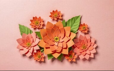 Paper cut craft flowers and leaves, apricot crush orange color, origami textured background