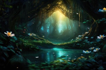 Fototapeta na wymiar A beautiful painting depicting a serene forest landscape adorned with vibrant water lilies, The heart of a dense, mystic rainforest with glowing flora, AI Generated