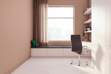 Contemporary home office with a large window view and neutral tones. 3D Rendering