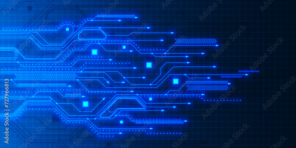 Poster Abstract digital blue circuit grid backdrop. Landing page concept. Technology, innovation and ai concept. 3D Rendering.