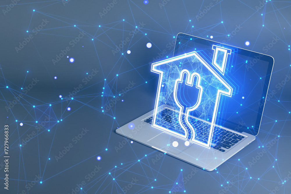 Poster close up of laptop with creative house and plug hologram on blurry blue background with polygonal me