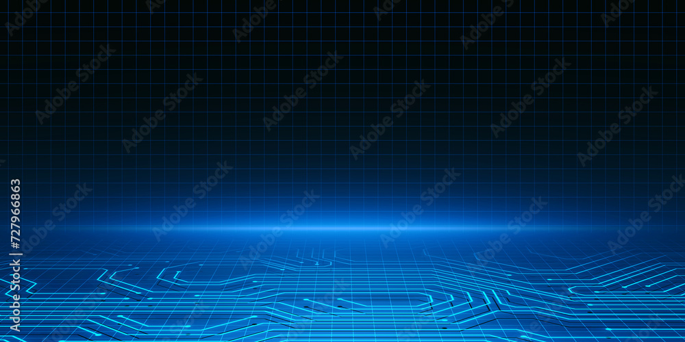 Poster Creative digital blue circuit grid background with mock up place for advertisement. Landing page concept. Technology, innovation and ai concept. 3D Rendering.