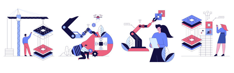 High tech factory engineer use computer for programming microchips and processors Developing modern technology for medical and high precision electronics Industrial concept Vector illustration