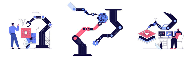 High tech factory engineer use computer for programming microchips and processors Developing modern technology for medical and high precision electronics Industrial concept Vector illustration