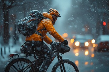 A lone cyclist braves the wintry streets, the sound of his tires crunching through the snow echoing against the silence of the cold landscape