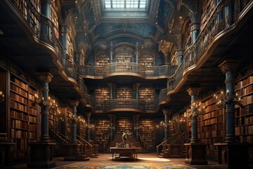 Vast Library Overflowing With Books and Knowledge, The inside of a colossal library that spans as far as the eye can see, AI Generated