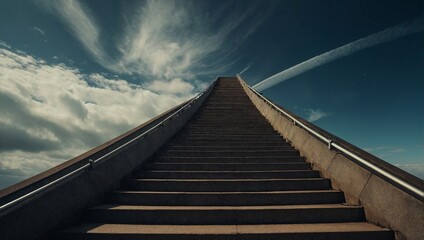 A long staircase finishing in clouds in the sky. Stairway to Heaven concept. Culture and religion idea. With copy space.