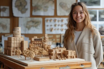A fashionable woman proudly showcases her vibrant smile while standing next to a detailed model of buildings on a wooden table, adding a touch of warmth to the sleek indoor space