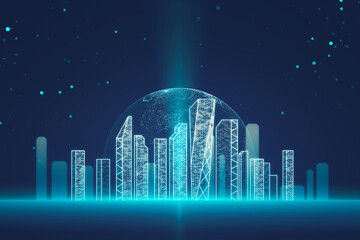 Obraz premium Digital city illustration on blue background. Smart city concept. 3D Rendering
