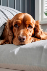 Close up portrait of a cute English cocker spaniel dog sleeping on a bed. Soft and airy look. Love and pet care concept.