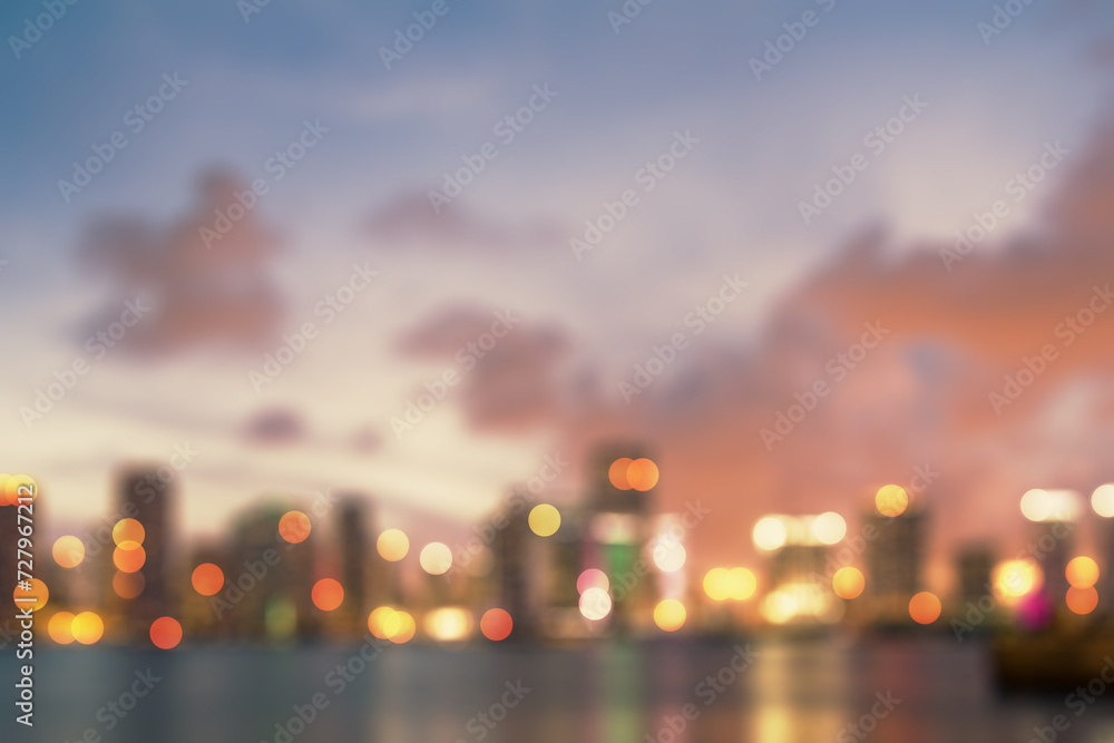 Poster blurry bokeh lights city backdrop. skyline and landing page concept.