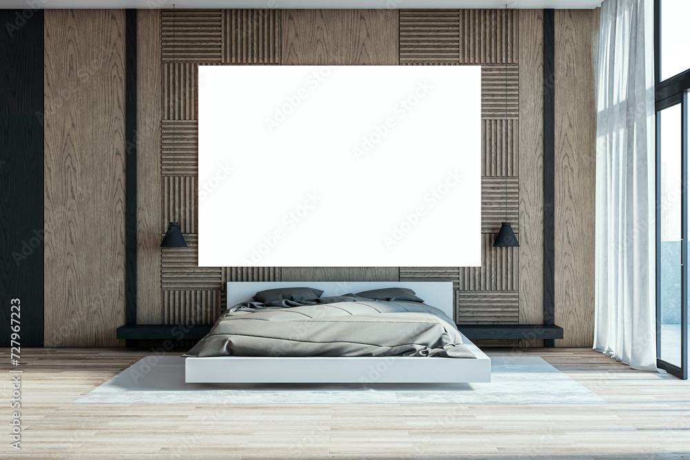 Poster modern loft bedroom interior with empty white mock up poster , panoramic window and city view, curta