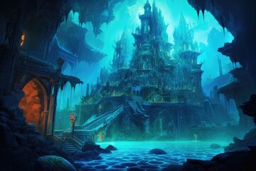 A captivating painting illustrating a magnificent castle standing proudly amidst a serene lake, The lost city of Atlantis, glowing with luminescent sea creatures, AI Generated