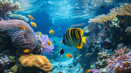 Naklejka na ściany i meble Tropical reef, underwater world showing corals and fish