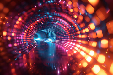 Obraz premium Shimmering tunnel with purple and orange neon lights