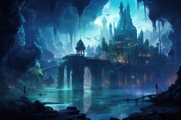 A magnificent castle stands proudly amidst the serene beauty of a lake, The lost city of Atlantis, glowing with luminescent sea creatures, AI Generated - obrazy, fototapety, plakaty