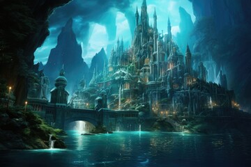 A breathtaking fantasy castle stands proudly amidst a tranquil body of water, connected by an enchanting bridge, The lost city of Atlantis, glowing with luminescent sea creatures, AI Generated