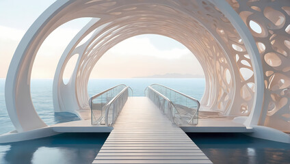 Abstract 3D bridges and walkways with a serene architectural backdrop. - obrazy, fototapety, plakaty