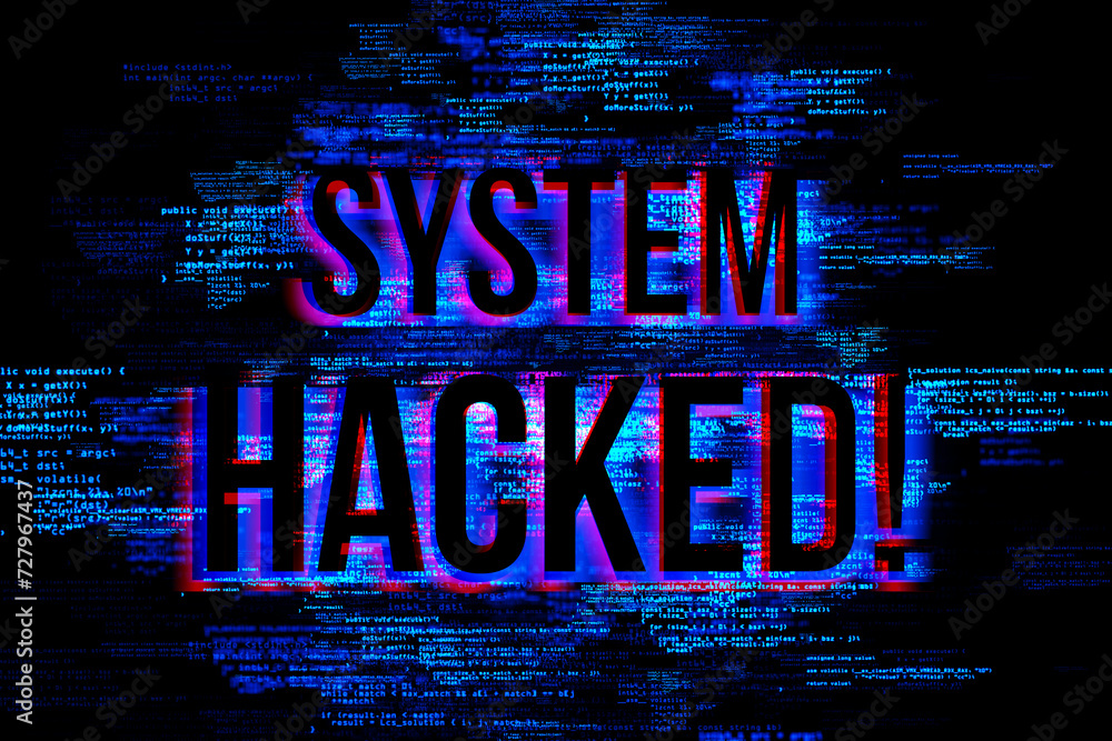 Poster Vibrant 'SYSTEM HACKED' alert over a backdrop of code and digital noise. Cybersecurity breach concept. 3D Rendering