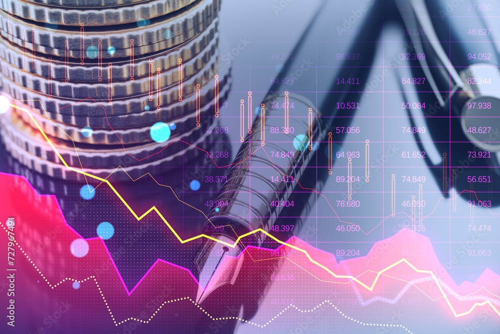 Aufkleber close up of fountain pen and stacked coins on desk with pink crisis business and forex chart on blur