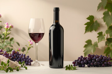 Wine bottle and glass with purple grapes and green leaves