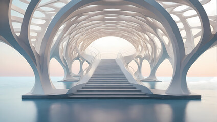 Abstract 3D bridges and walkways with a serene architectural backdrop. - obrazy, fototapety, plakaty