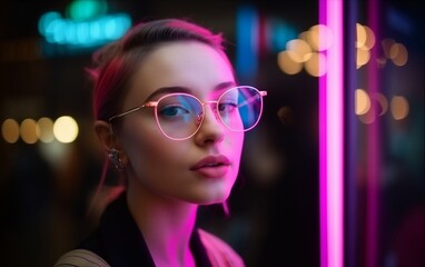 a young girl of 25 years old in pink glasses in profile, with collected hair, with bright lipstick on her lips, smiling, against the backdrop of a neon shop window, space for text 
