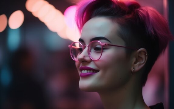 a young girl of 25 years old in pink glasses in profile, with collected hair, with bright lipstick on her lips, smiling, against the backdrop of a neon shop window, space for text 
