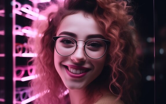 a young girl of 25 years old in pink glasses, with collected curly hair, with bright lipstick on her lips, smiling, against the backdrop of a display case with glasses, space for text 