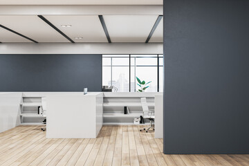 Light coworking office interior with partitions and mock up place, furniture, windows and equipment. 3D Rendering.