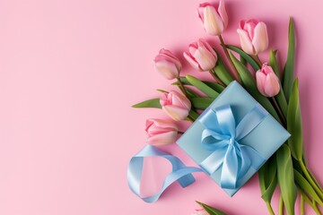 Mother's Day decorations concept. Top view photo of blue giftbox with ribbon. bouquet of pink tulips on isolated pastel pink background 