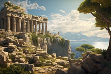 This painting captures the architectural remains of an ancient Greek city, showcasing the remnants of a bygone era, The ruins of an ancient Greek temple on a cliff, AI Generated