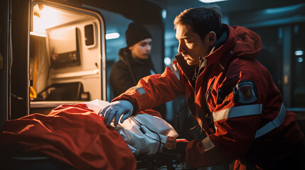 paramedic helping a person in an accident next to an ambulance
