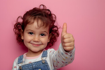 Joyful Gesture: Cute Brunette Toddler Expresses Positivity with Thumbs Up on Pink Background