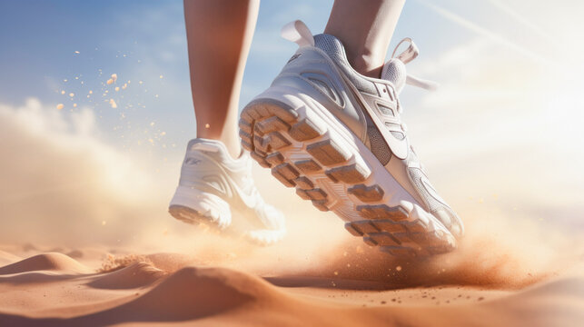 an athlete runs through the sand, dust flies from under his sneakers