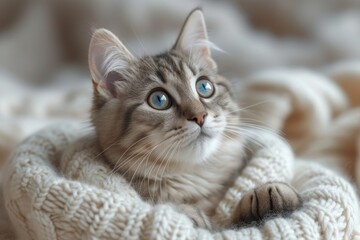 A curious malayan kitten with fluffy fur and delicate whiskers lounges on a soft indoor blanket, embodying the grace and comfort of a beloved domestic cat