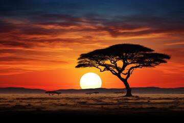 The sun casts a breathtaking display of colors as it sets behind a lone tree on the horizon, The silhouette of a lone tree on an African savanna, AI Generated