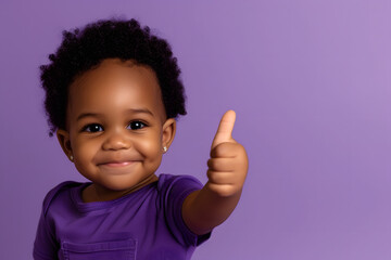 Cheerful Black Toddler Giving Thumbs Up on Solid purple Background