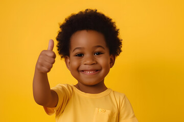 Cheerful Black Toddler Giving Thumbs Up on Solid Yellow Background