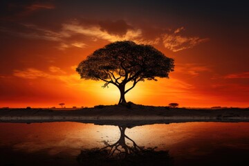 Fototapeta na wymiar A majestic tree stands tall and strong amidst calm, serene waters, reflecting its beauty, The silhouette of a lone tree on an African savanna, AI Generated
