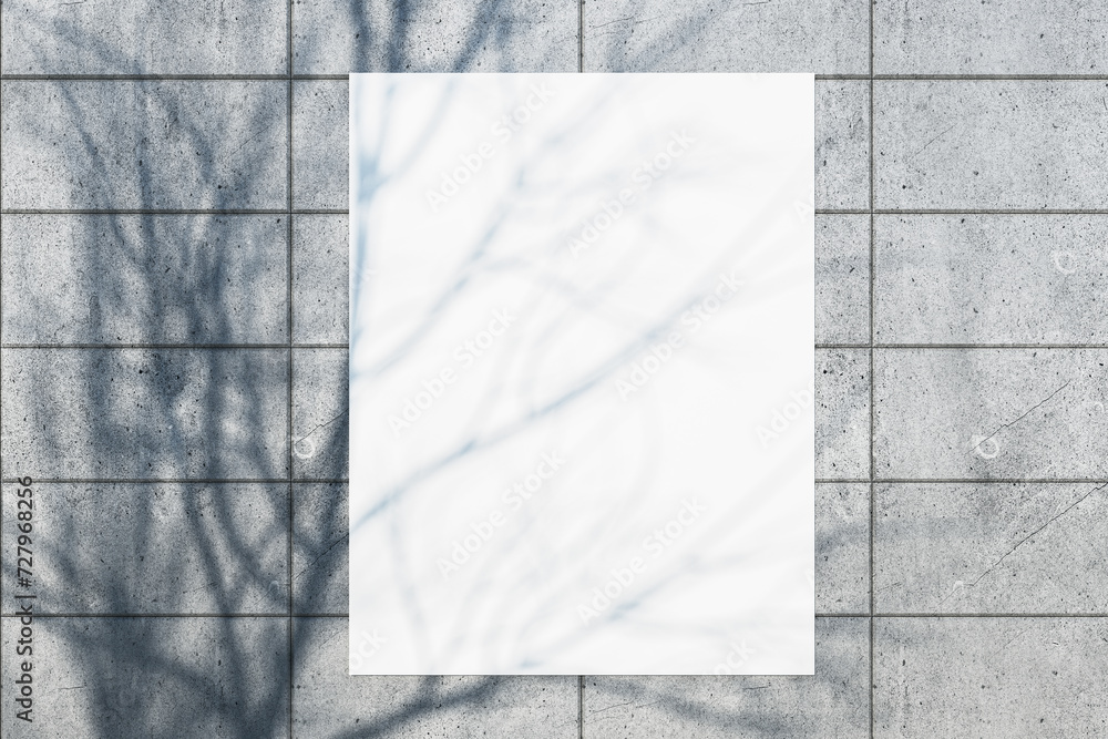 Poster creative outdoor tile wall with tree shadow and white mock up banner. urban design concept. 3d rende