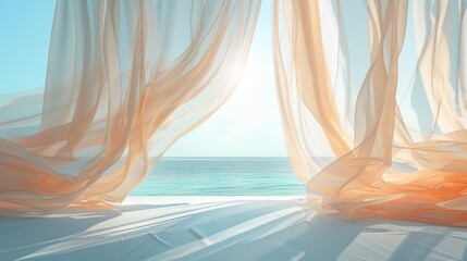 Serene ocean view framed by fluttering white and peach drapes in a tranquil setting - obrazy, fototapety, plakaty