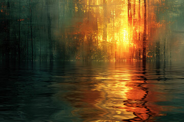 Surreal forest scene with golden sunlight reflecting in water