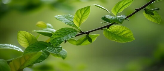 Closeup of Branch with Lush Leaves: Zoomed-in View of Green Branch and Vibrant Leaves Captured in Stunning Closeup