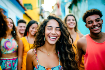 Happy guys and girls having fun around streets - University students on travel vacations