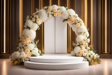 Empty wedding ceremony stage with arch and flowers decoration.
