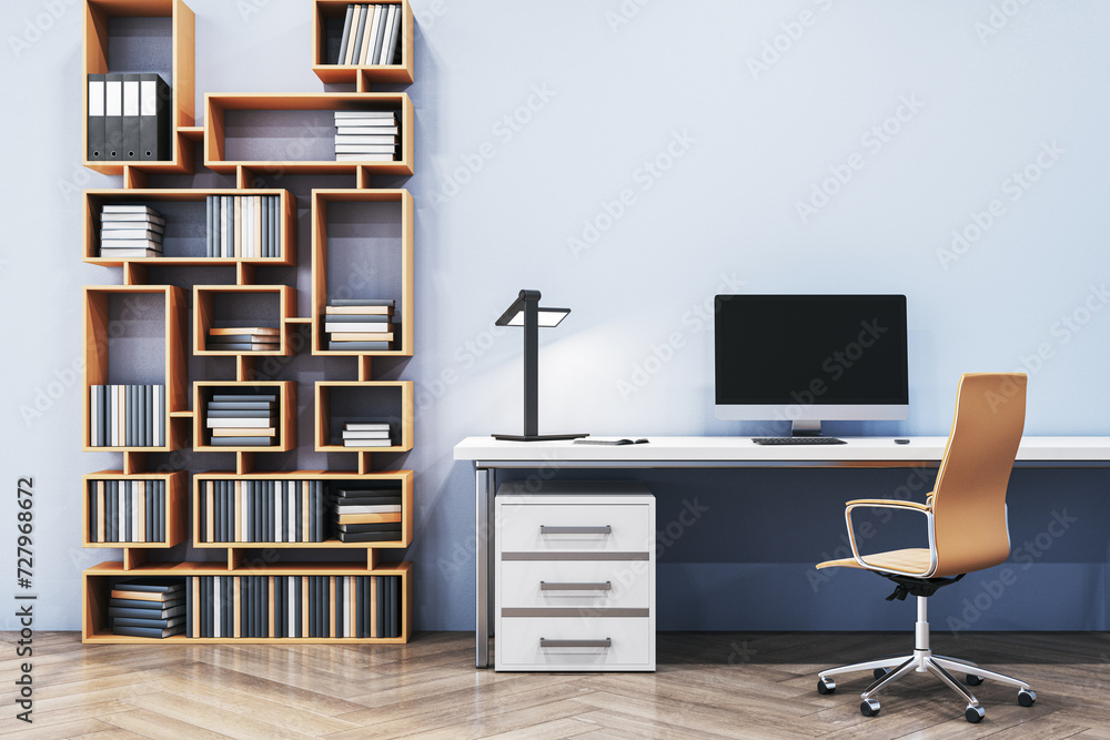 Aufkleber close up of modern designer office interior with creative wooden bookcase, empty computer monitor an