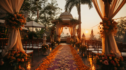 A meticulously decorated hall has been designated to host the Indian wedding ceremony, radiating beauty and elegance. Generative AI