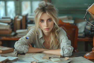 Fototapeta premium A determined woman sits at her desk, arms crossed in front of her, ready to tackle whatever challenges come her way
