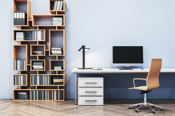 Close up of modern designer office interior with creative wooden bookcase, empty computer monitor and other items. Mock up, 3D Rendering.